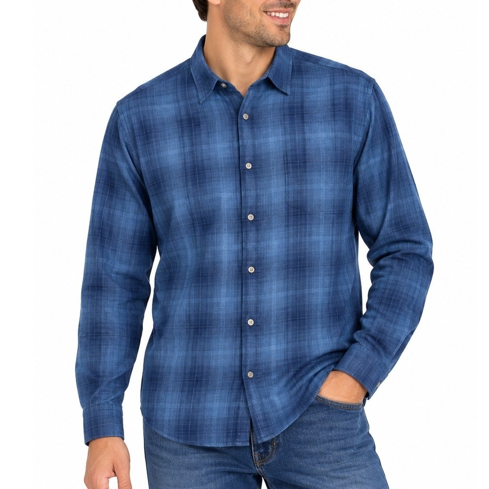 John Varvatos USA Mens L Blue Plaid Long Sleeve Button Down Shirt Preppy